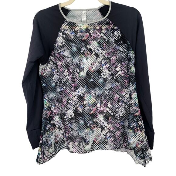 Denise Cronwall Activewear Long Sleeve Mesh Sheer Top Black Multi-Color Floral M - Picture 2 of 5